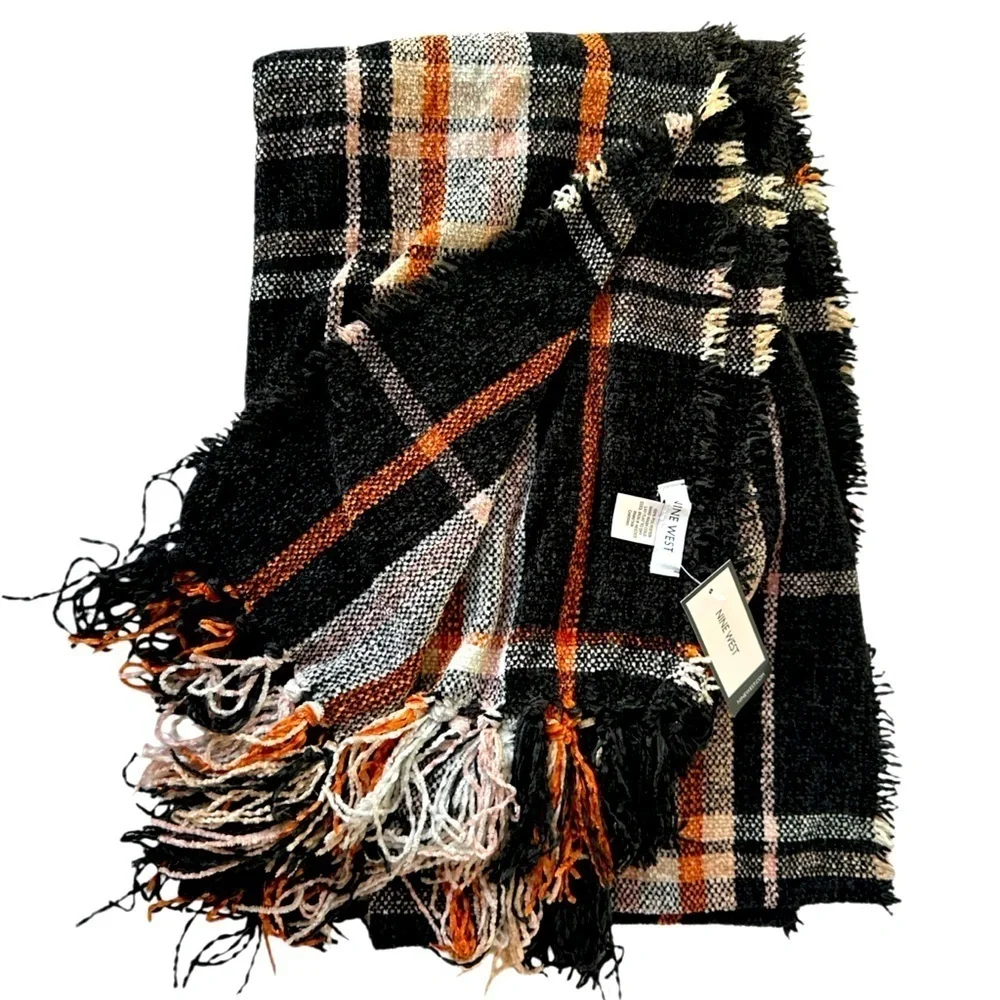 Nine West Cozy Black and Orange Oversized Fringed Scarf